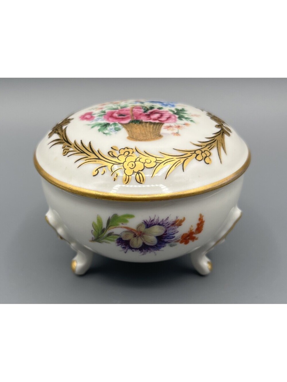 Antique Limoges France Footed Trinket Box Hand Painted Floral Bonbonniere